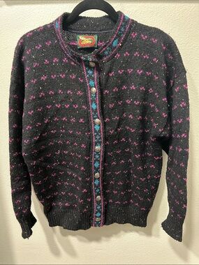Black & Pink Patterned Button-Front Cardigan Sweater